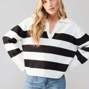Elegant Black and White Striped V-Neck Sweater